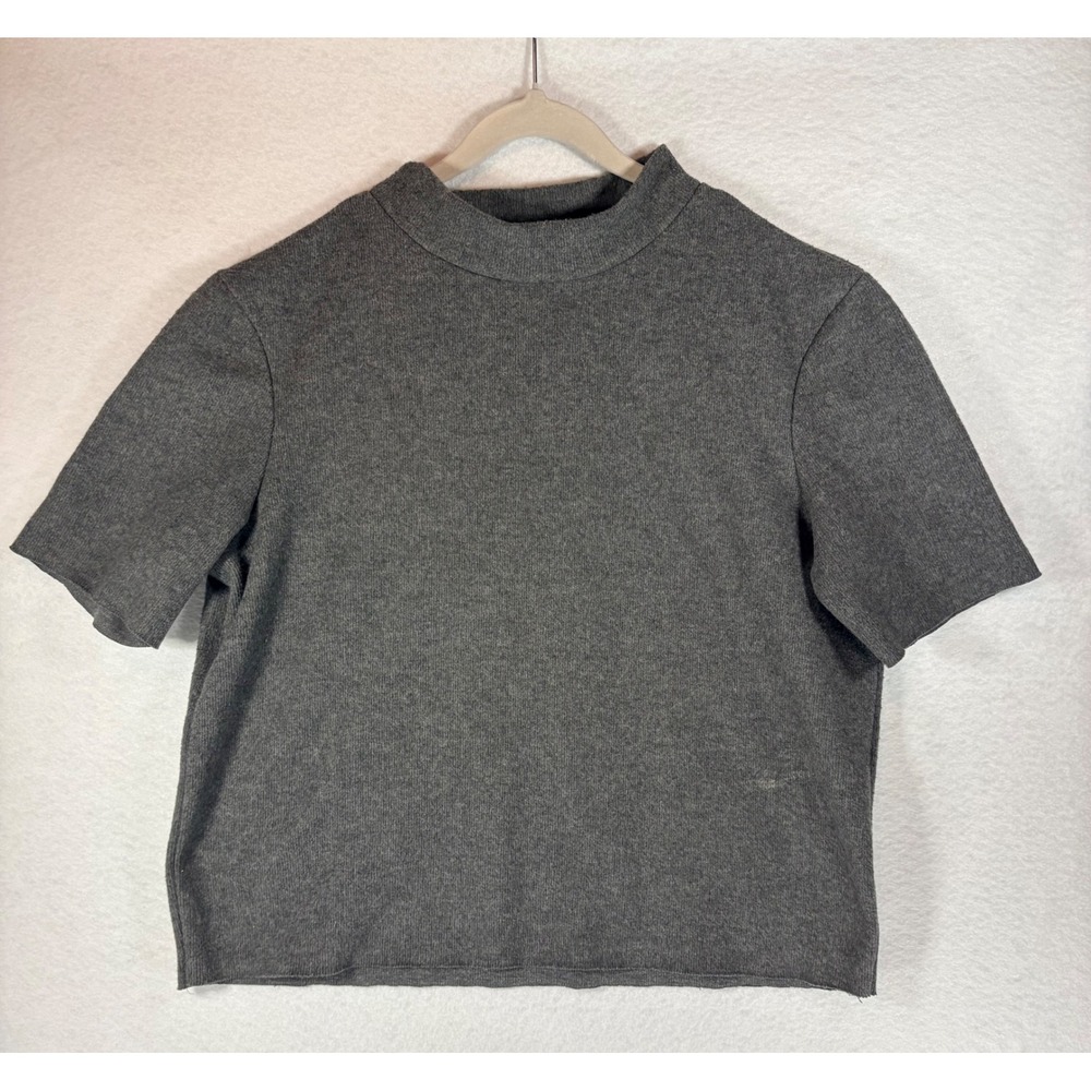 ZARA Mock Neck Short Sleeve Cropped Knit Top Charcoal Gray Size M